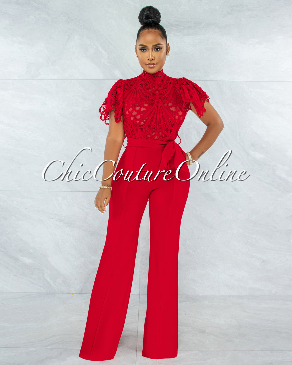 *Charity Red Crochet See-Thru Top Ruffle Sleeves Jumpsuit