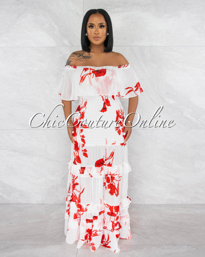 Ruth Off-White Red Print Off-The Shoulders Ruffle Maxi Dress