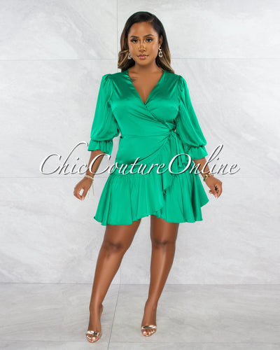 *Montes Kelly Green Wrap Ruffle Hem Dress