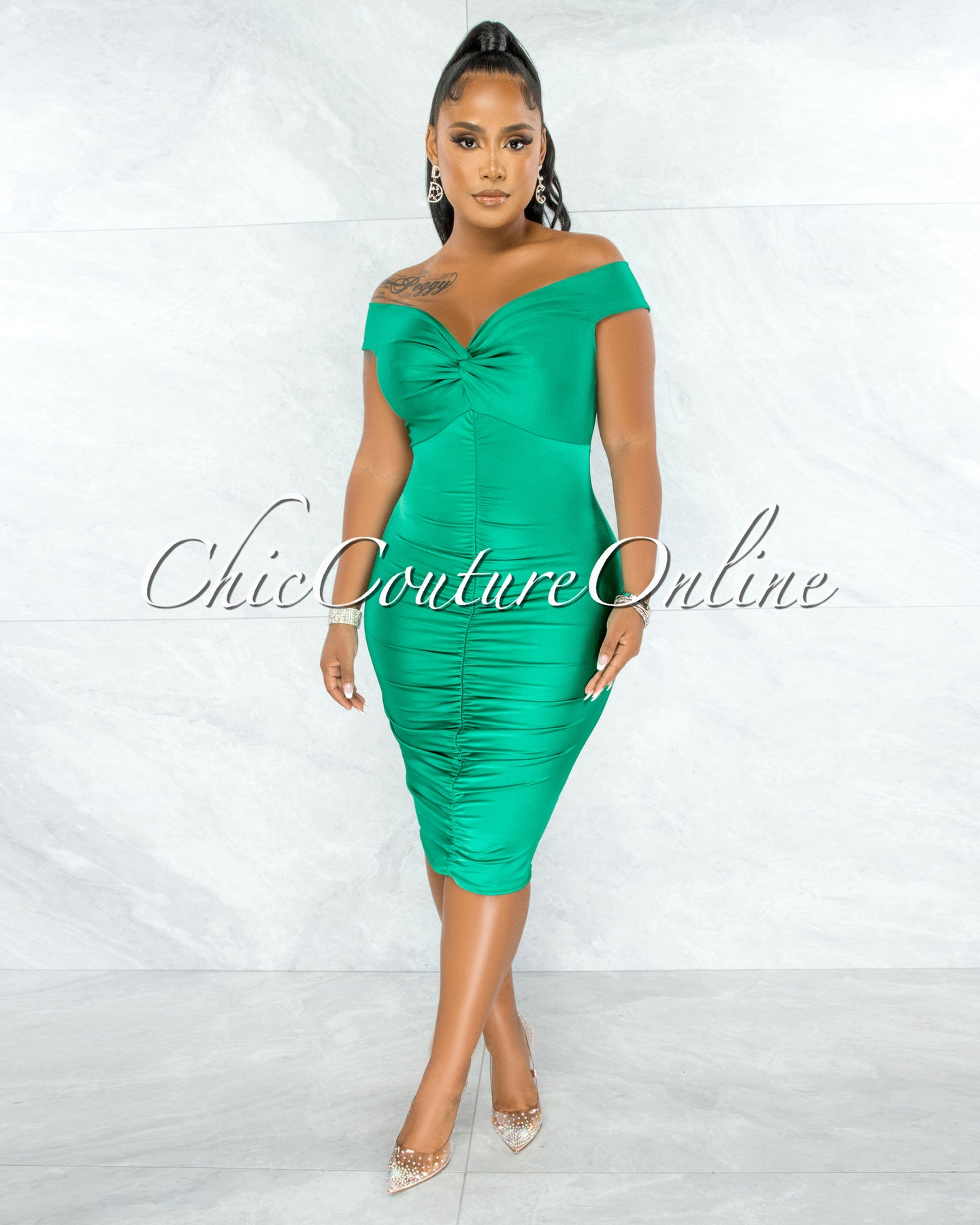 Hersala Green Knot Ruched Midi Dress – Chic Couture Online