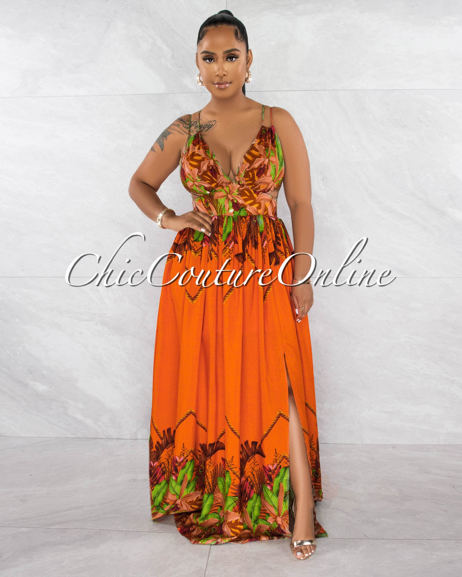 Lamusa Orange Multi-Color Print Cut-Out Maxi Dress