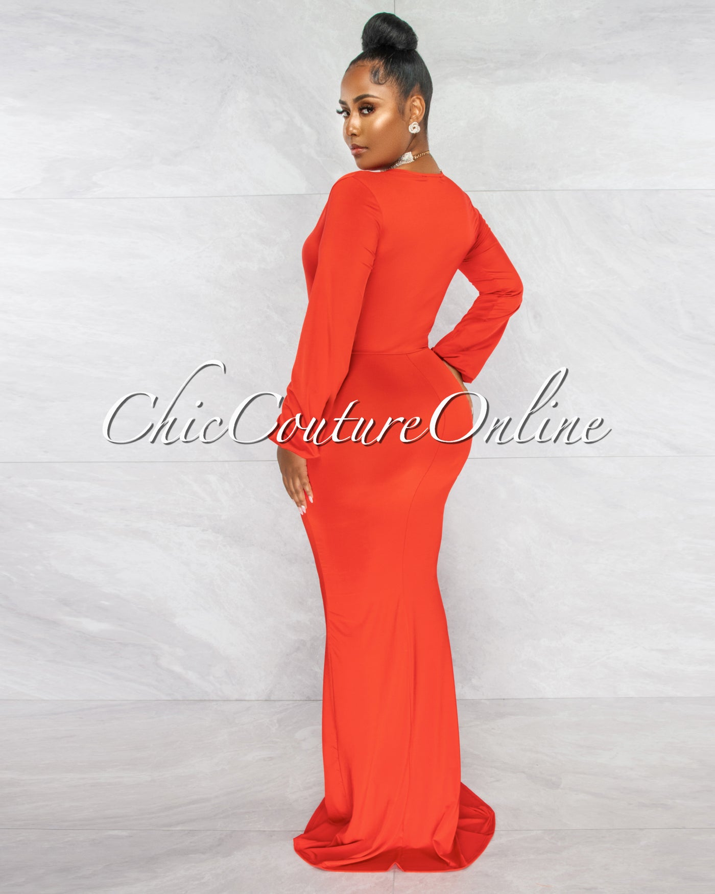 Solada Orange Tomato V-Neck Front Draped Maxi Dress – Chic Couture Online