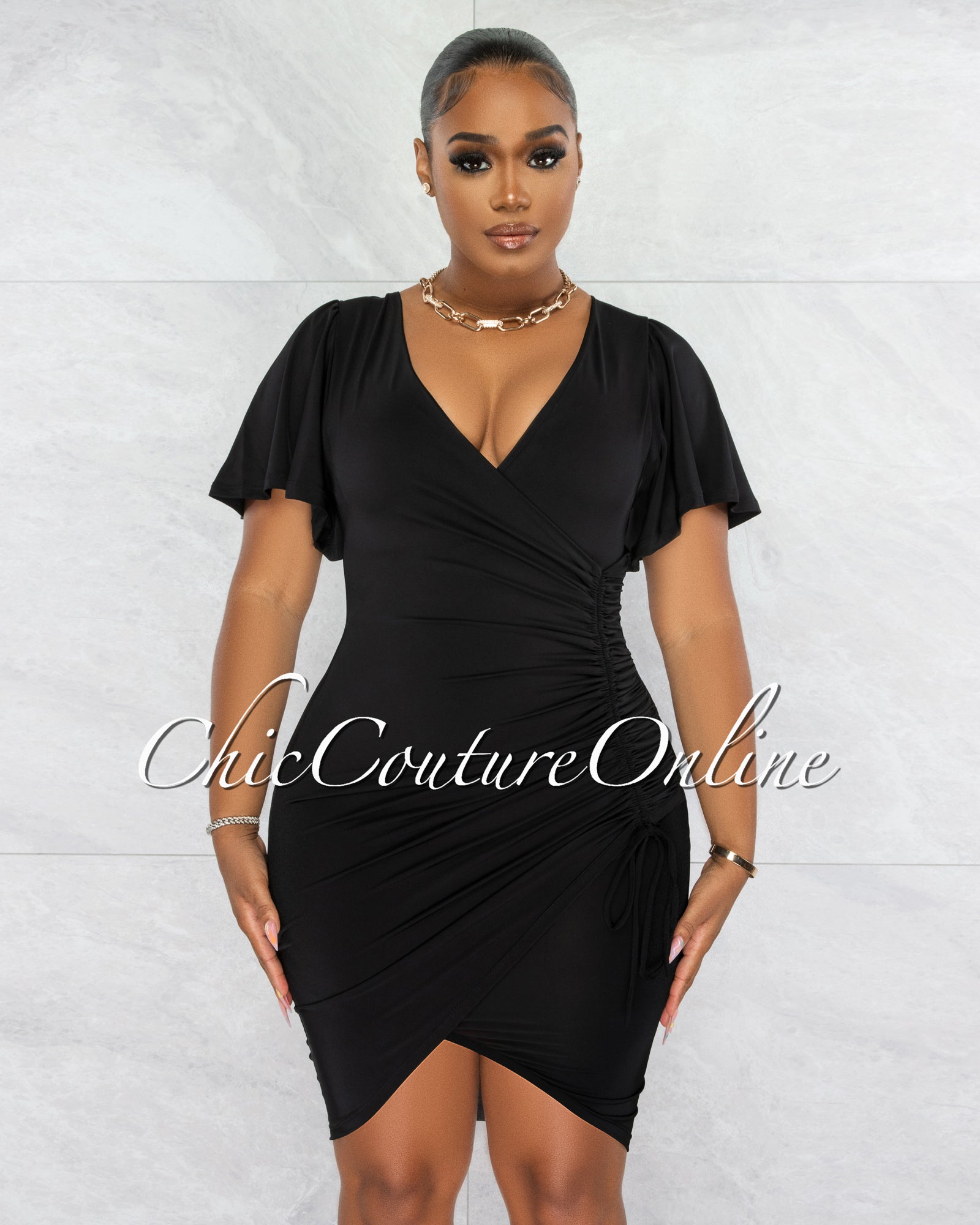 *Dalie Black Wrap Ruched Side Midi Dress