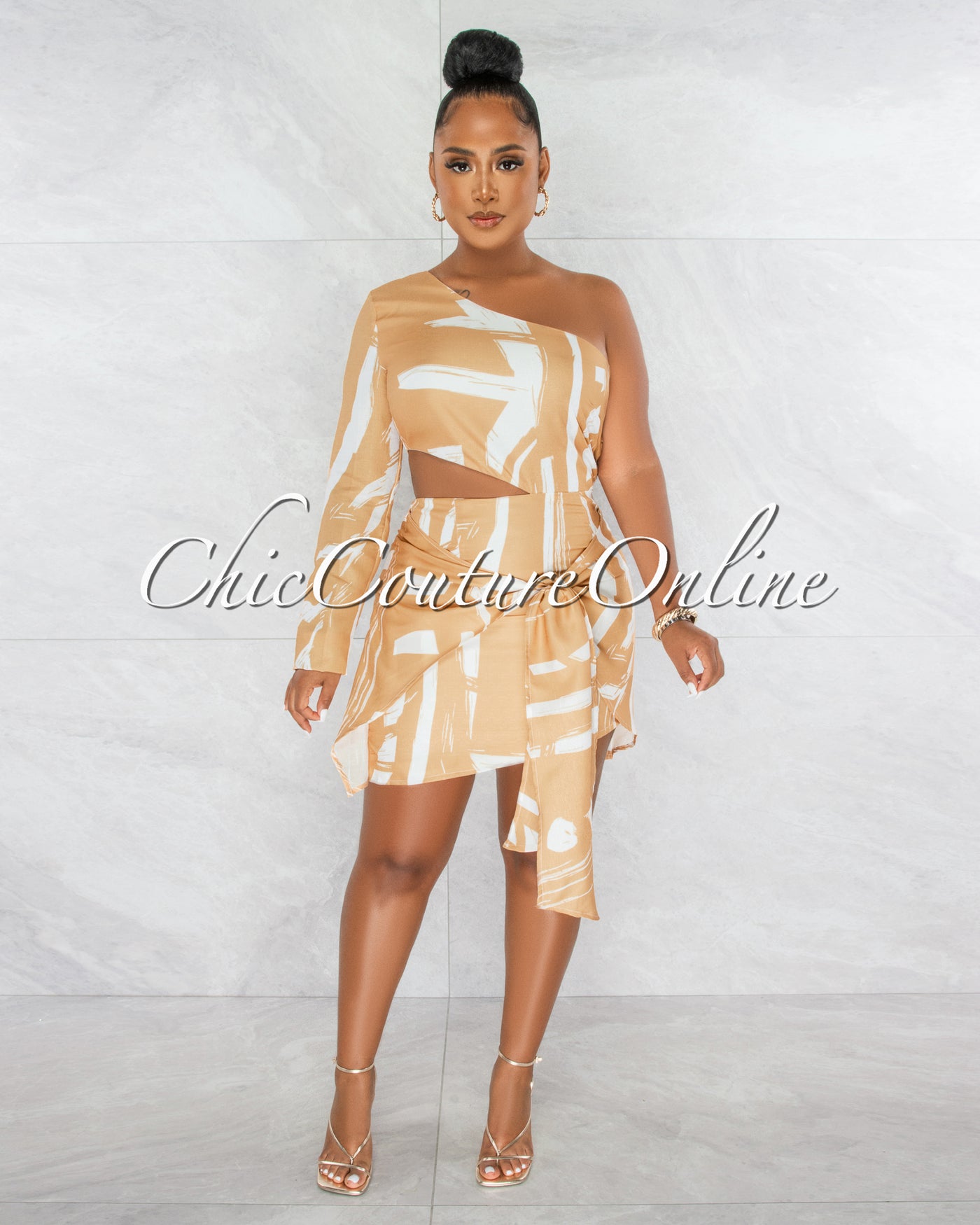 *Deanne Mustard White Single Shoulder Self-Tie Accent Dress