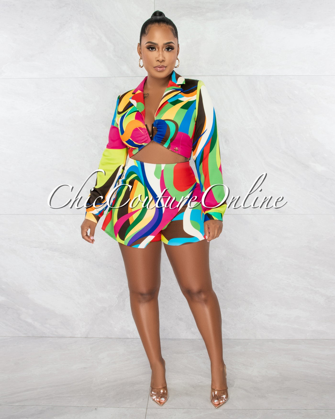Spencer Multi-Color Print Gold Accent Top & Overlay Shorts Set