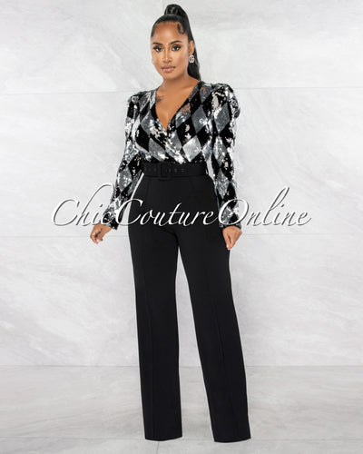 *Norville Black Silver Sequins Diamond Print Belted Jumpsuit