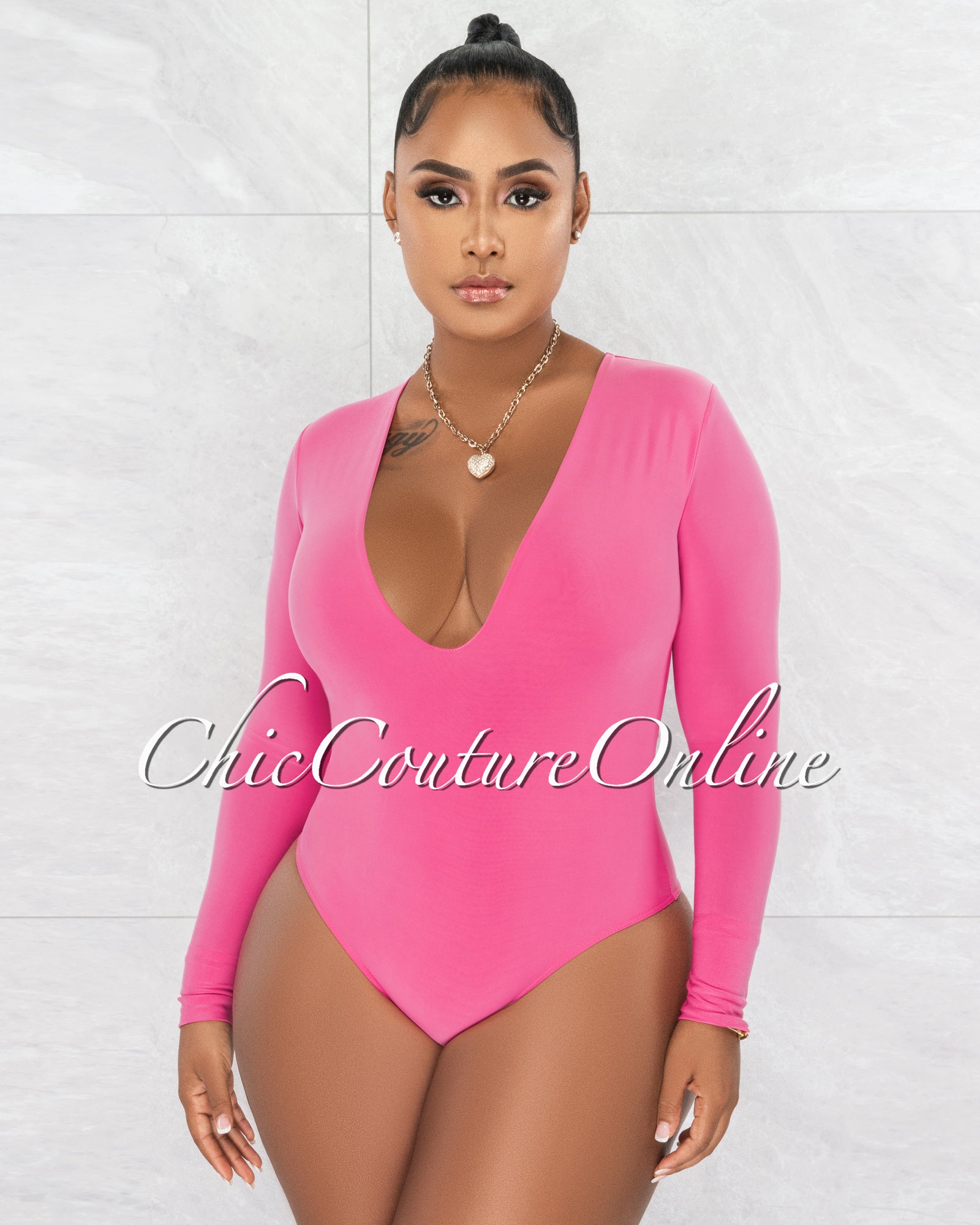 *Nilam Bubblegum Pink Depp V Neck Long Sleeves Bodysuit
