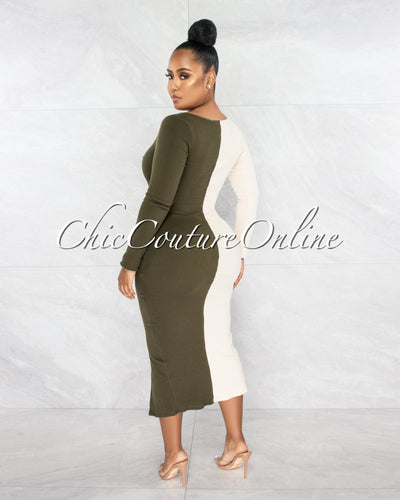 *Adova Olive Nude Two Tone Lace-Up Ribbed Dress