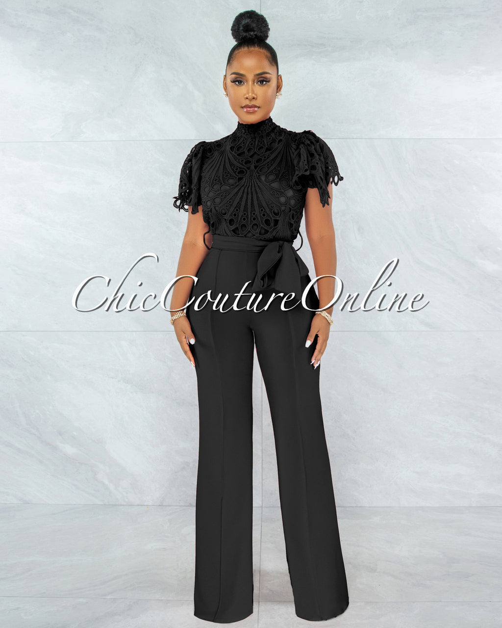 *Charity Black Crochet See-Thru Top Ruffle Sleeves Jumpsuit