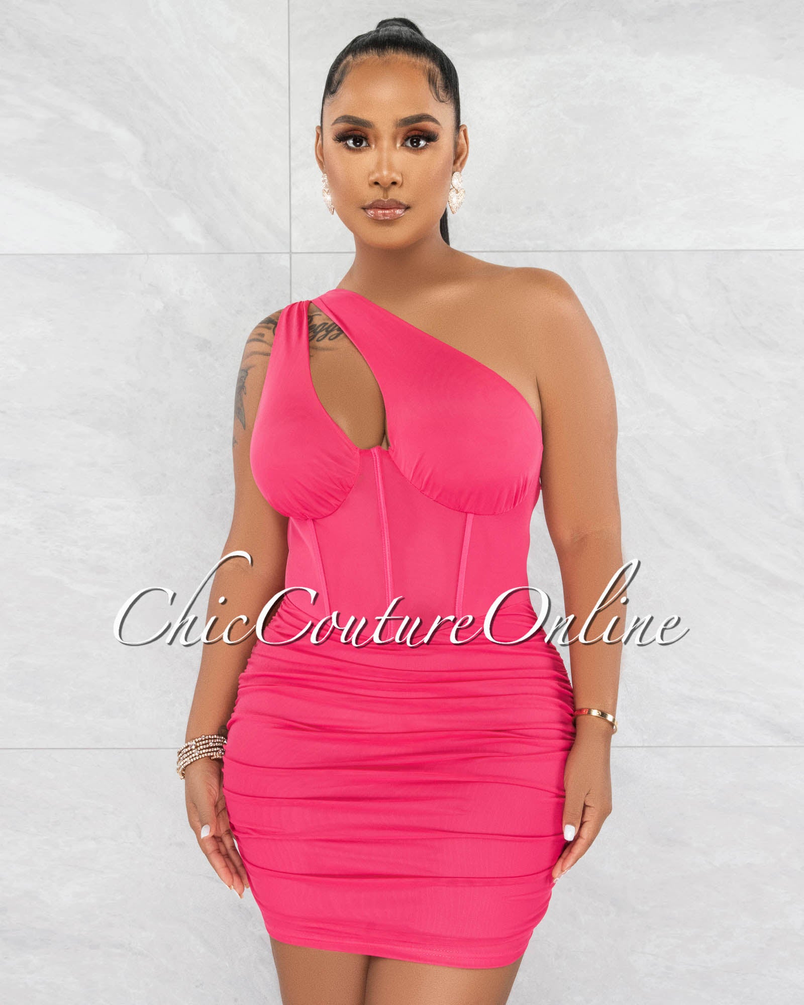 *Flapper Fuchsia Mesh Ruched Single Shoulder Corset Dress