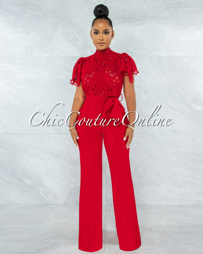 *Charity Red Crochet See-Thru Top Ruffle Sleeves Jumpsuit