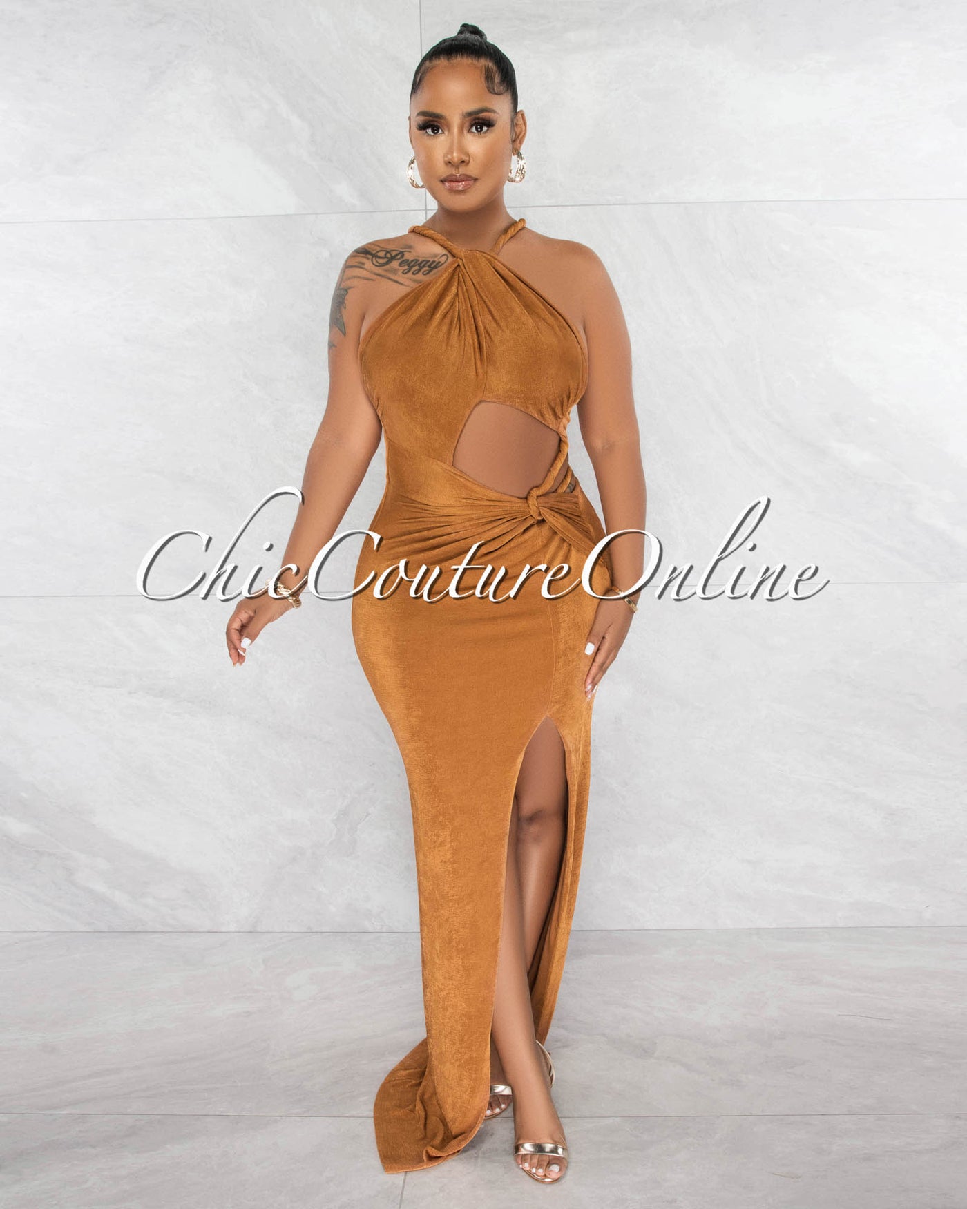 Waymer Copper Shimmer Leg Slit Cut-Out Maxi Dress