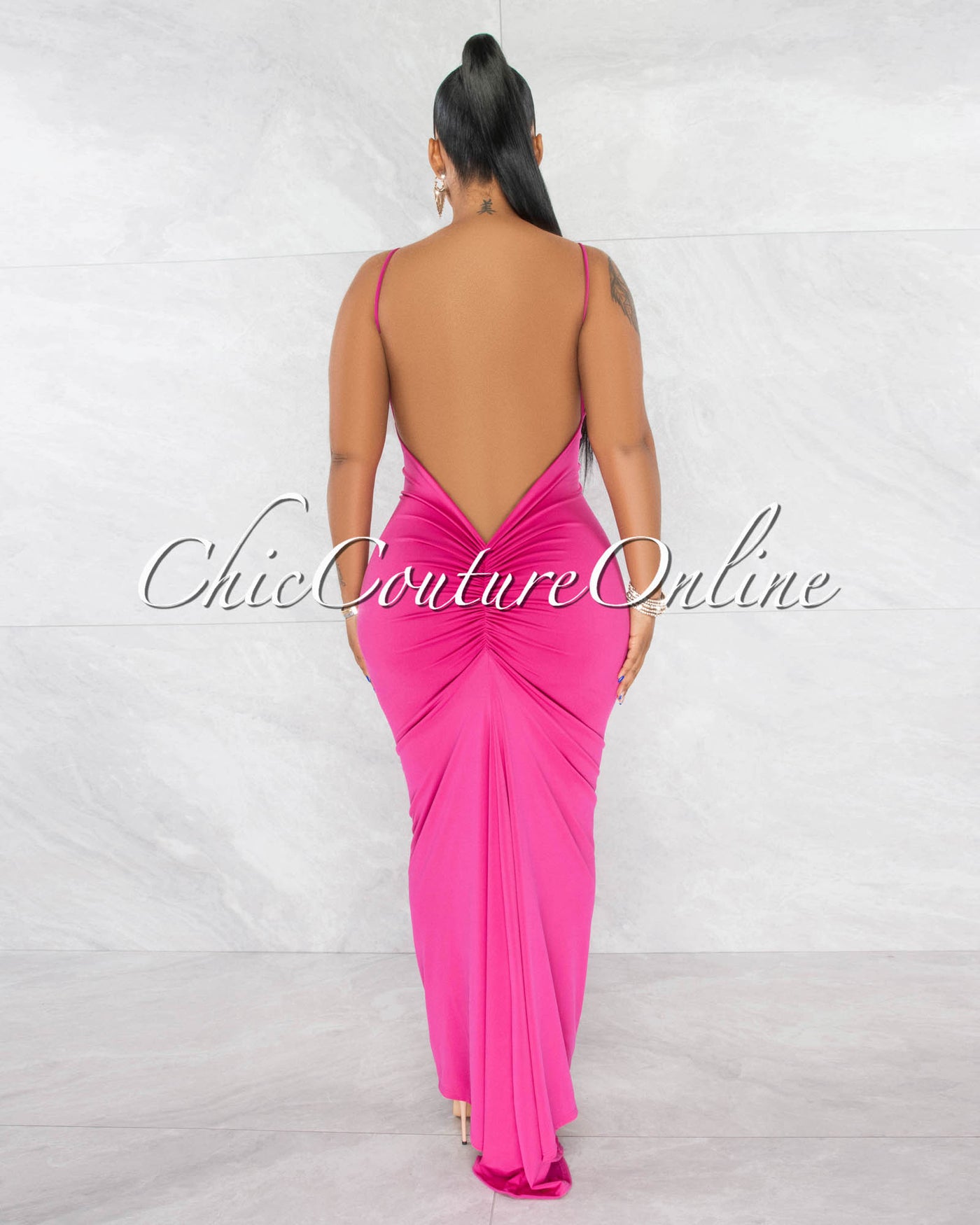 *Balara Magenta Deep V-Neckline Low Back Drape Maxi Dress