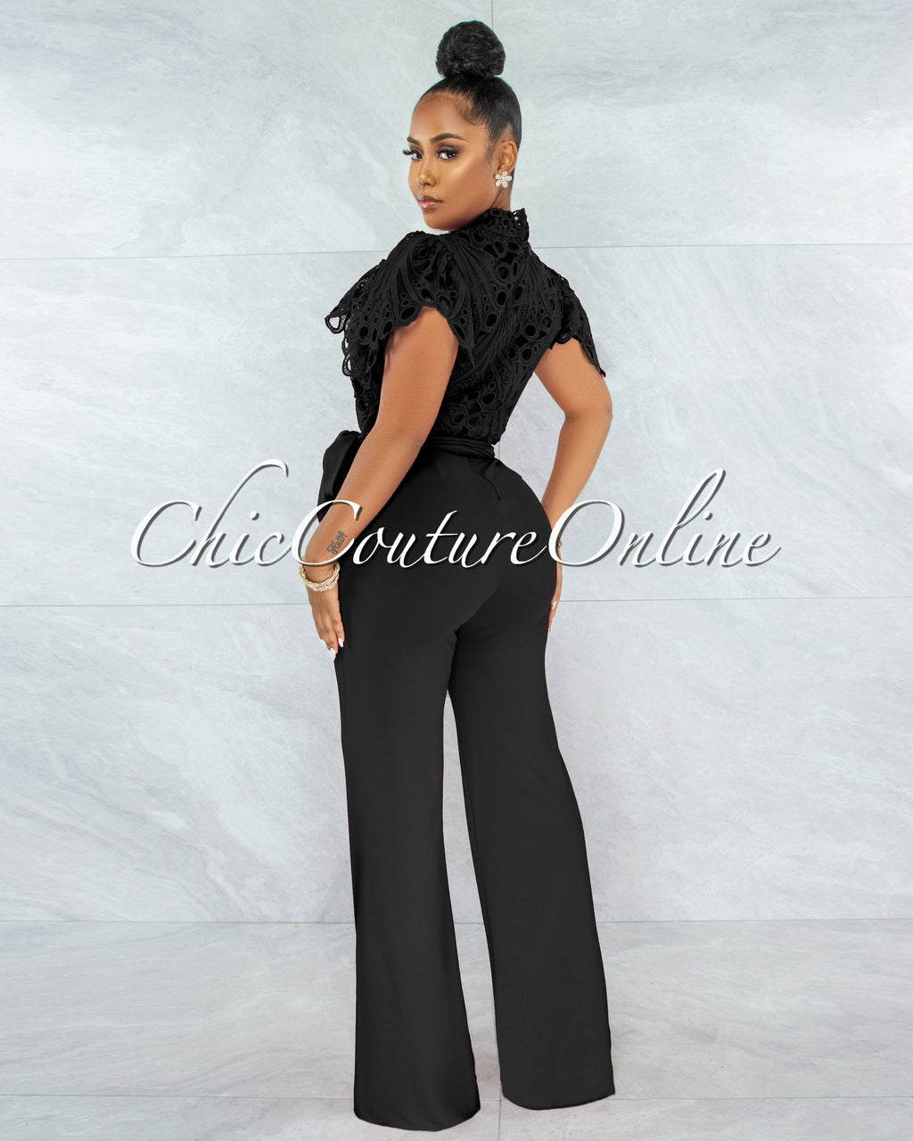*Charity Black Crochet See-Thru Top Ruffle Sleeves Jumpsuit