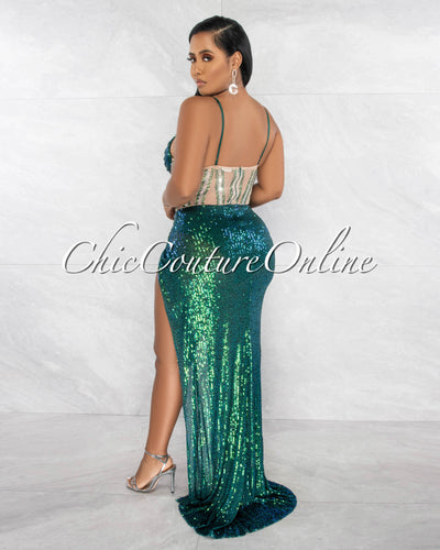 *Maite Hunter Green Nude Rhinestones & Sequins Sheer Bodysuit Maxi Dress