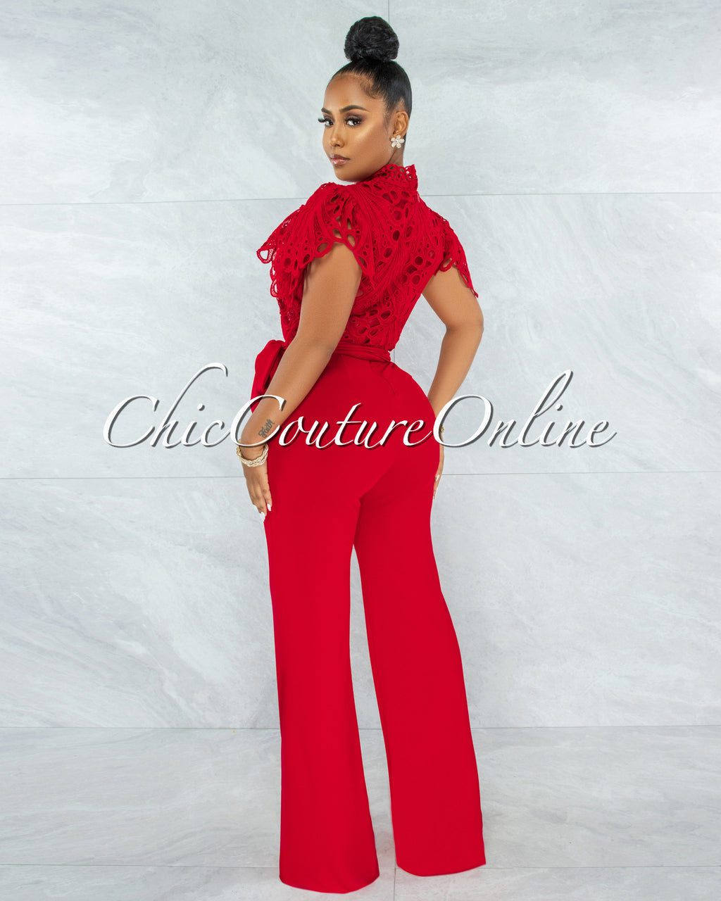 *Charity Red Crochet See-Thru Top Ruffle Sleeves Jumpsuit