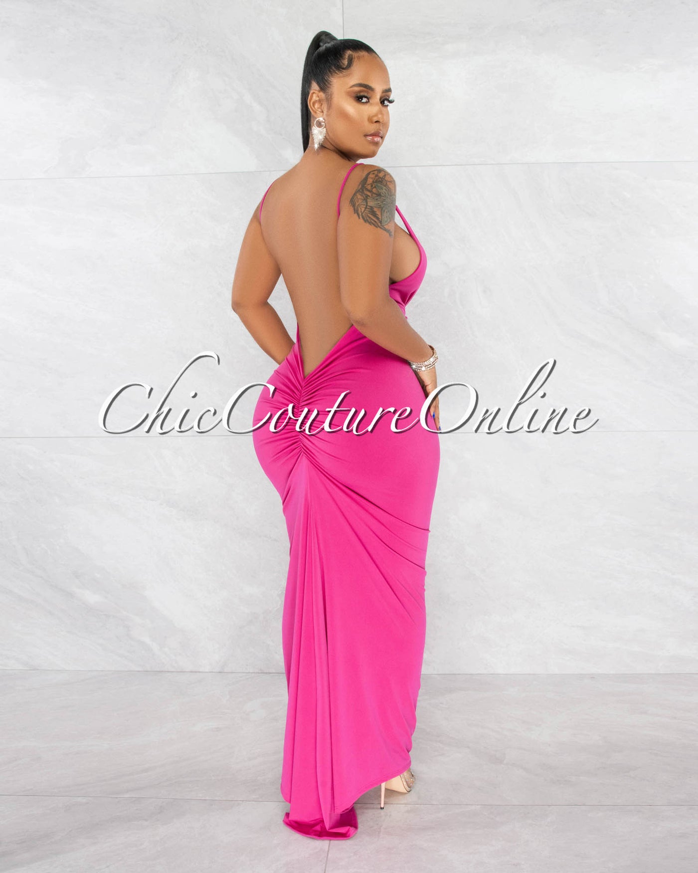 *Balara Magenta Deep V-Neckline Low Back Drape Maxi Dress