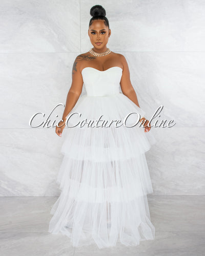 *Dempsey Off-White Padded Cups Tulle Tiered Bodysuit Maxi Dress