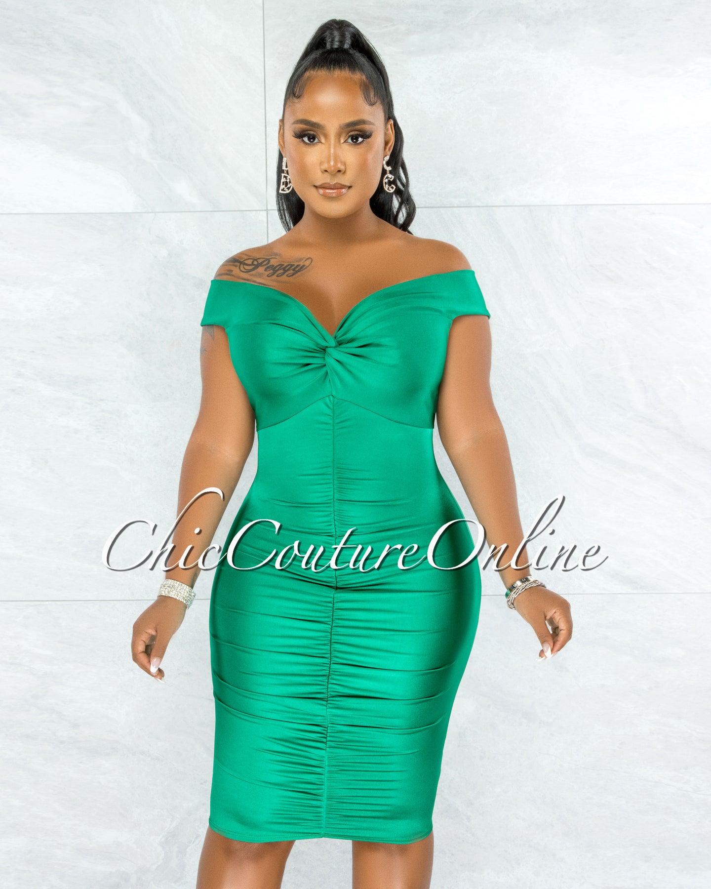 Hersala Green Knot Ruched Midi Dress – Chic Couture Online