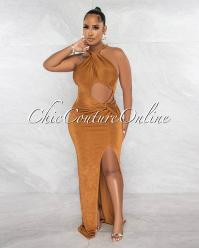 Waymer Copper Shimmer Leg Slit Cut-Out Maxi Dress