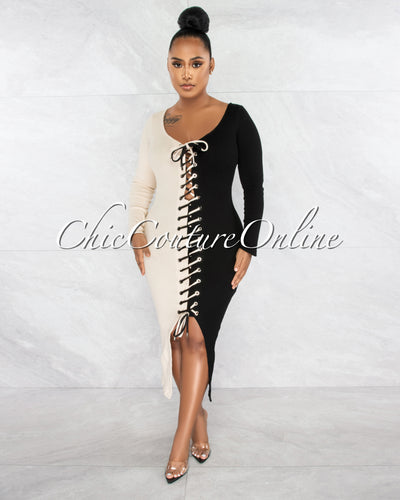 *Adova Black Nude Two Tone Lace-Up Ribbed Dress