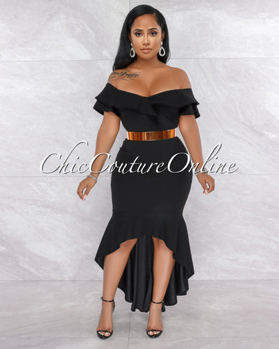 Macaria Black Ruffle Neckline Hi-Lo Dress