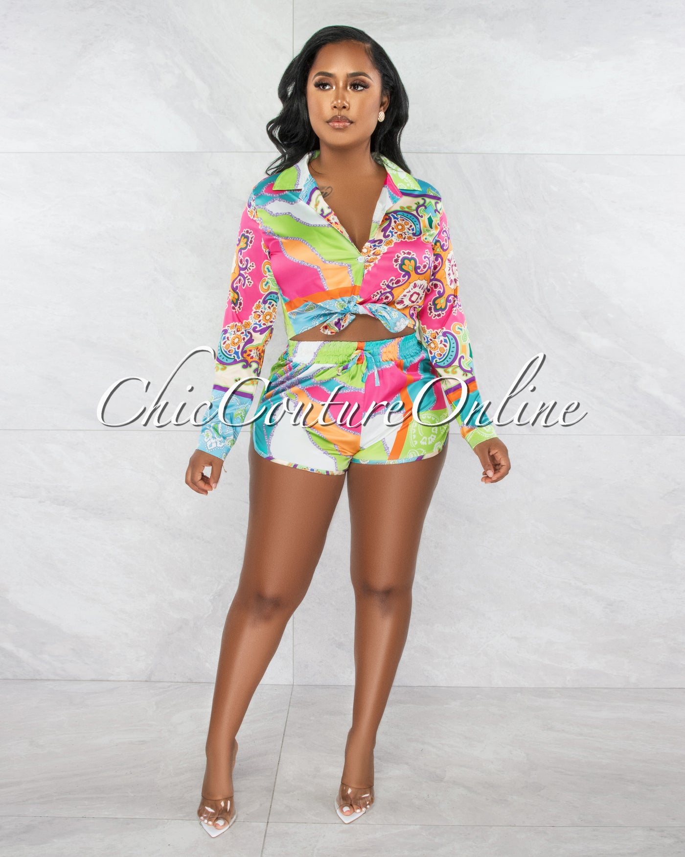 Dwade Multi-Color Print Silky Crop Shirt & Mini Shorts Set