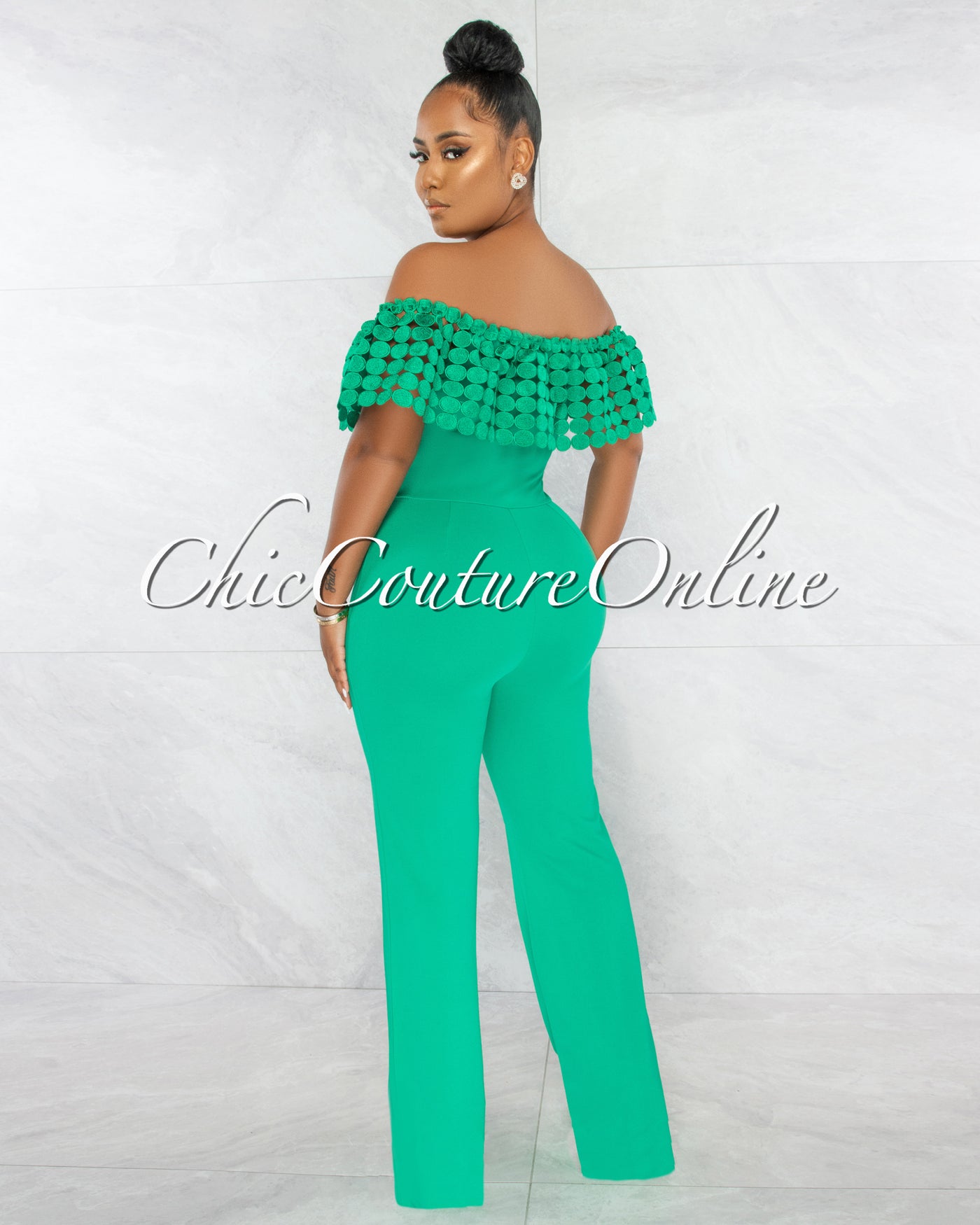 Anida Green Off-The Shoulder Crochet Top Jumpsuit
