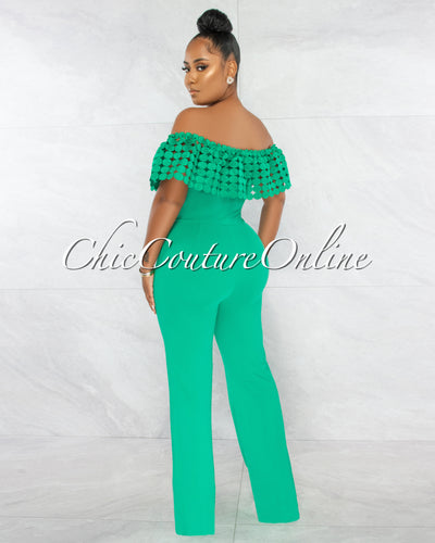 Anida Green Off-The Shoulder Crochet Top Jumpsuit