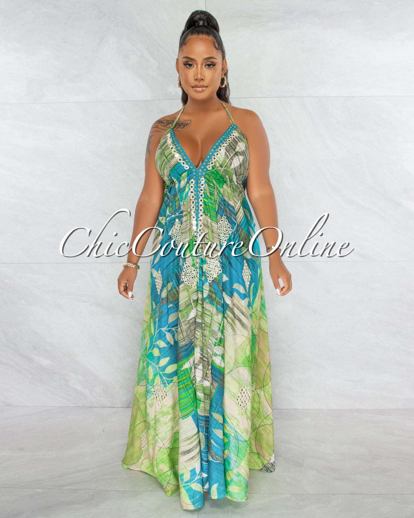 Alexandria Green Print Silver Sequins Halter Maxi Dress