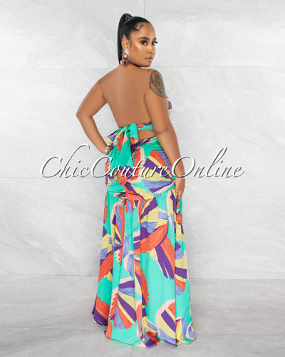 *Neola Multi-Color Print Halter Top & Ruffle Maxi Skirt Set