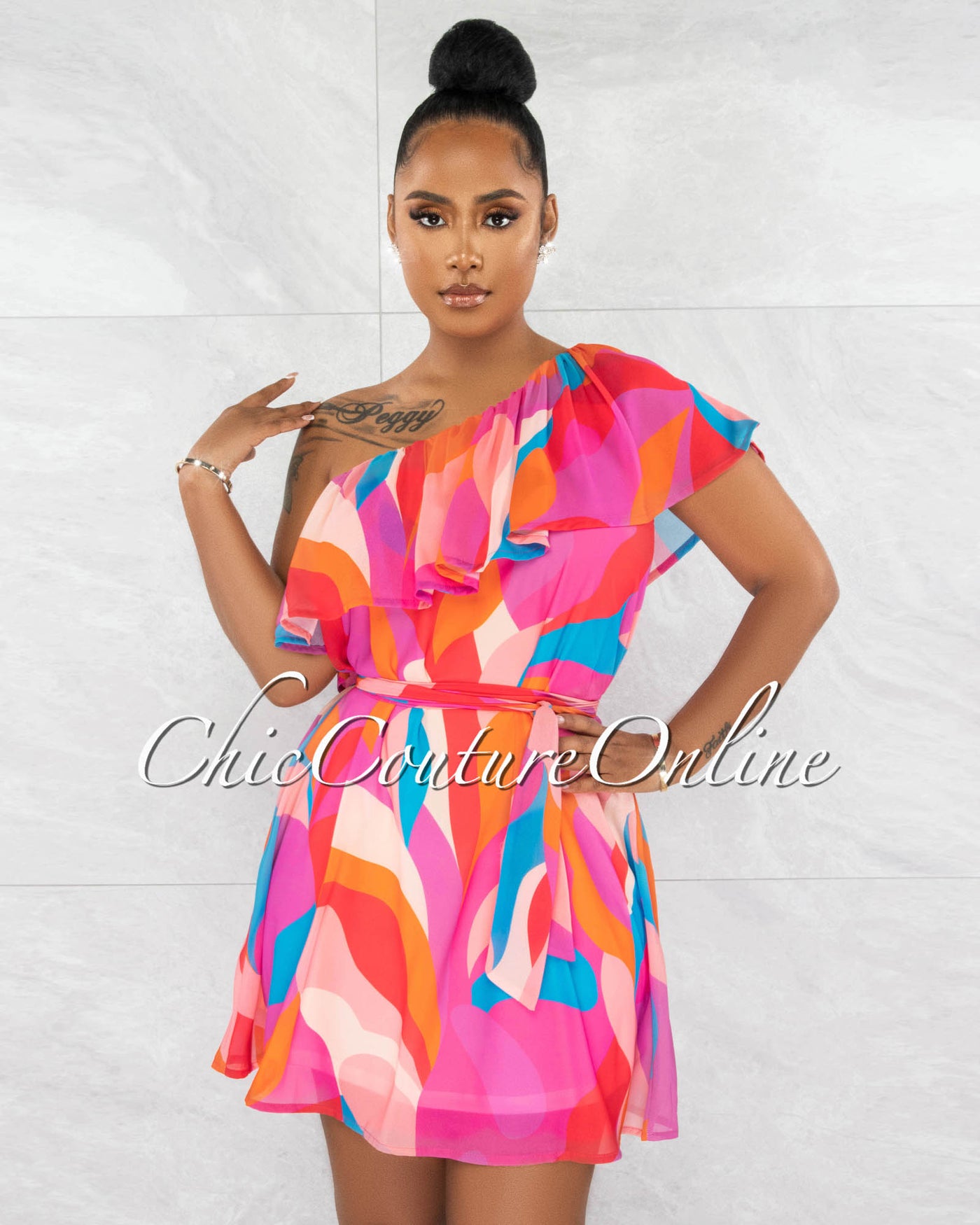Autrey Pink Multi-Color Print Single Shoulder Ruffle Dress