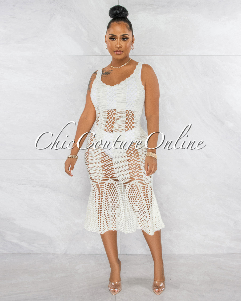 Prestado Cream Crochet Midi Dress