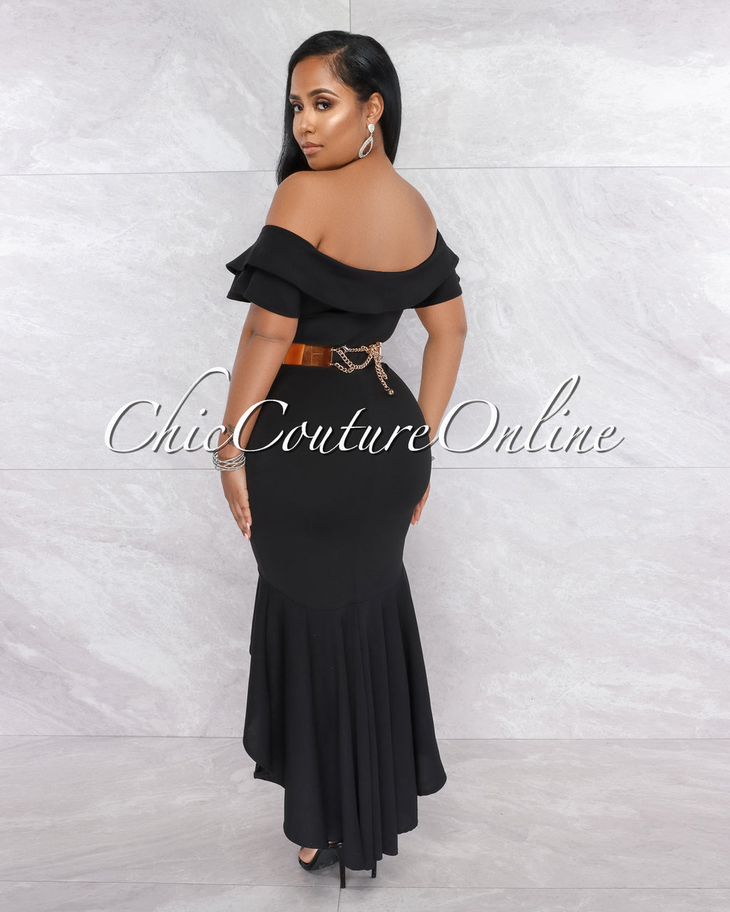 Macaria Black Ruffle Neckline Hi-Lo Dress