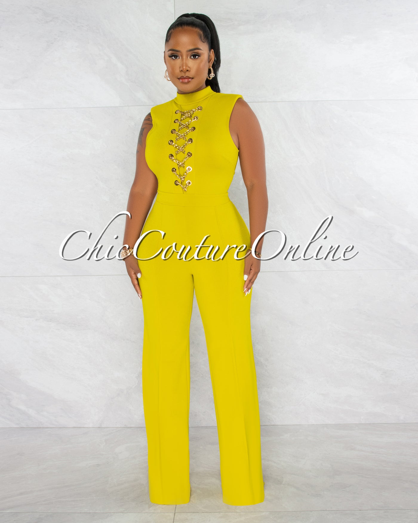 Brandy Lime Green Gold Link Lace-Up Jumpsuit