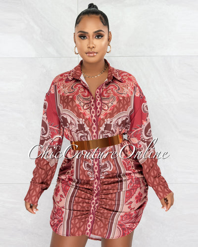 *Consie Burgundy Print Draped Shirt Dress