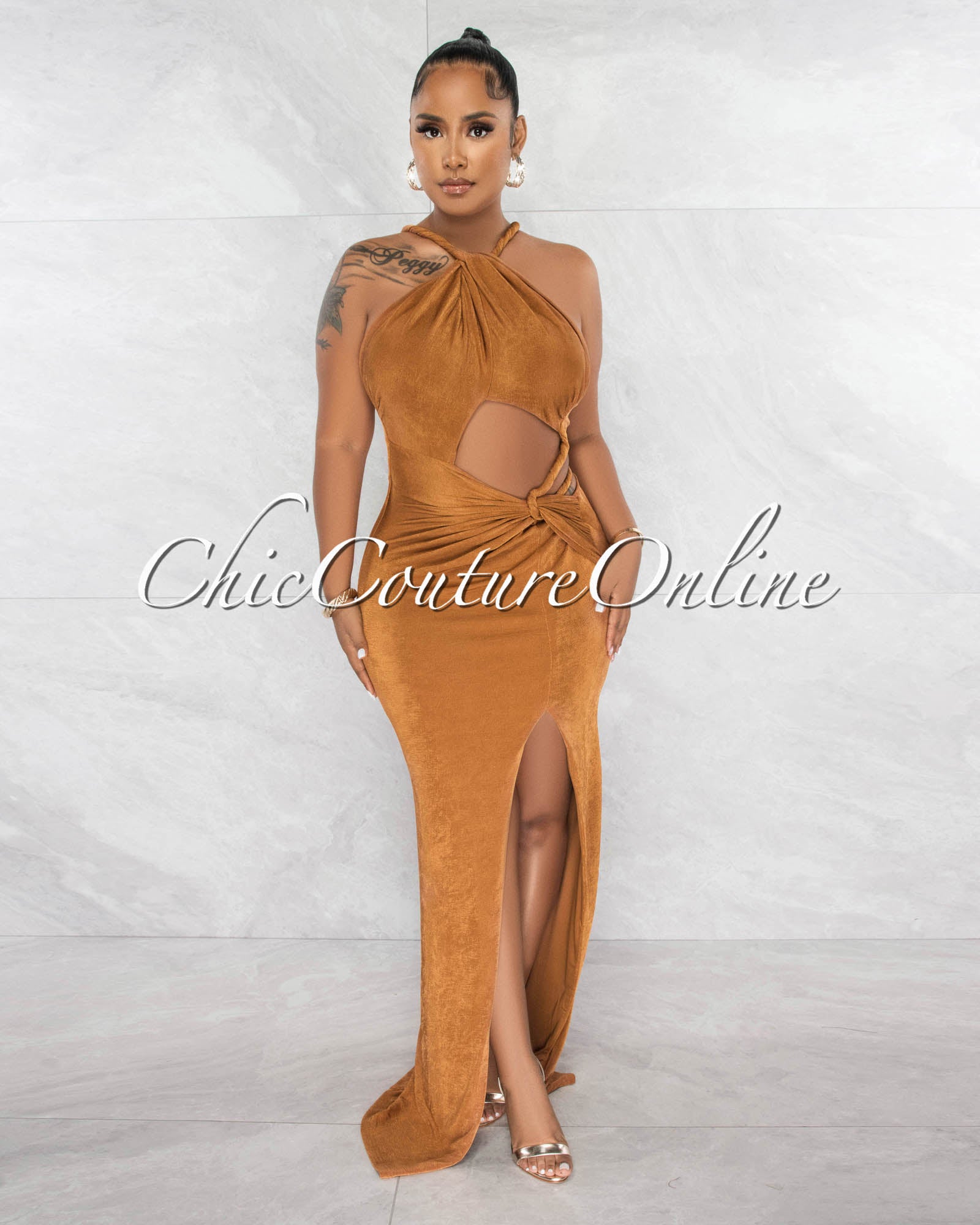 Waymer Copper Shimmer Leg Slit Cut-Out Maxi Dress