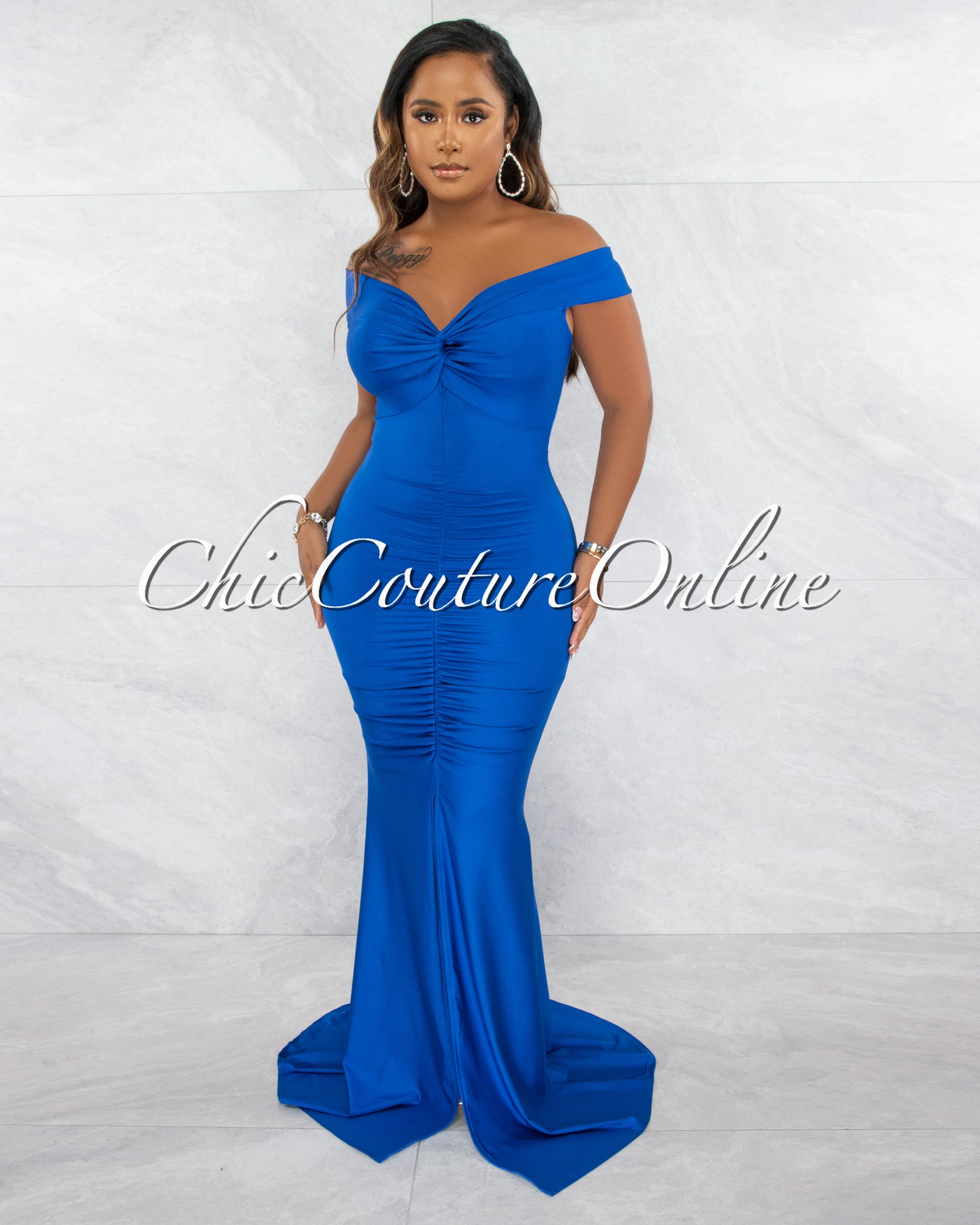 *Glenna Royal Blue Front Knot Ruched Slit Maxi Dress