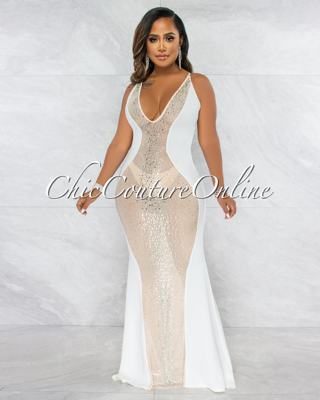 *Bascose Off-White Nude Mesh Rhinestones Maxi Dress