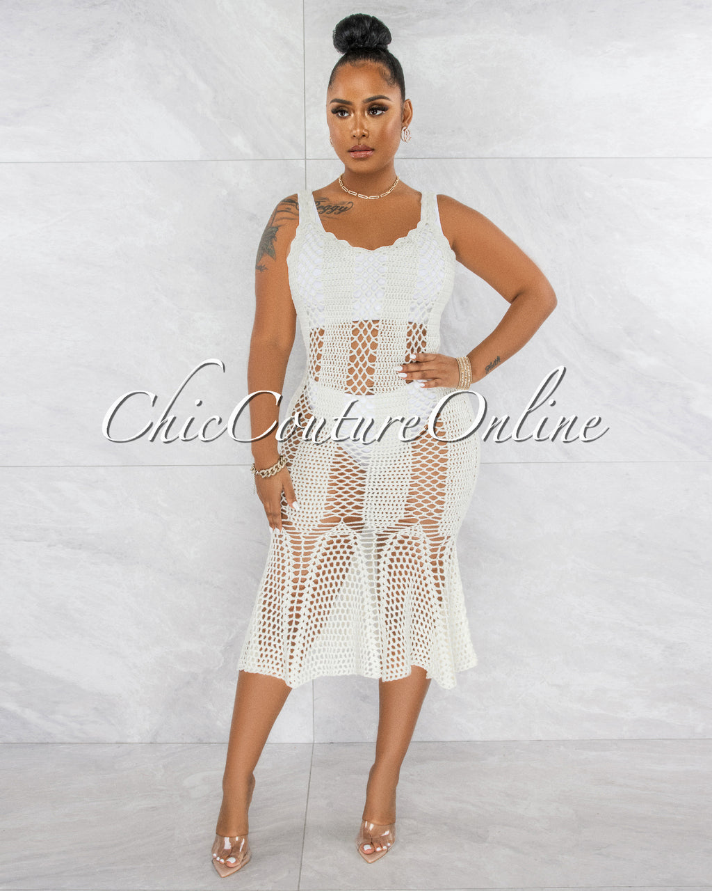 Prestado Cream Crochet Midi Dress