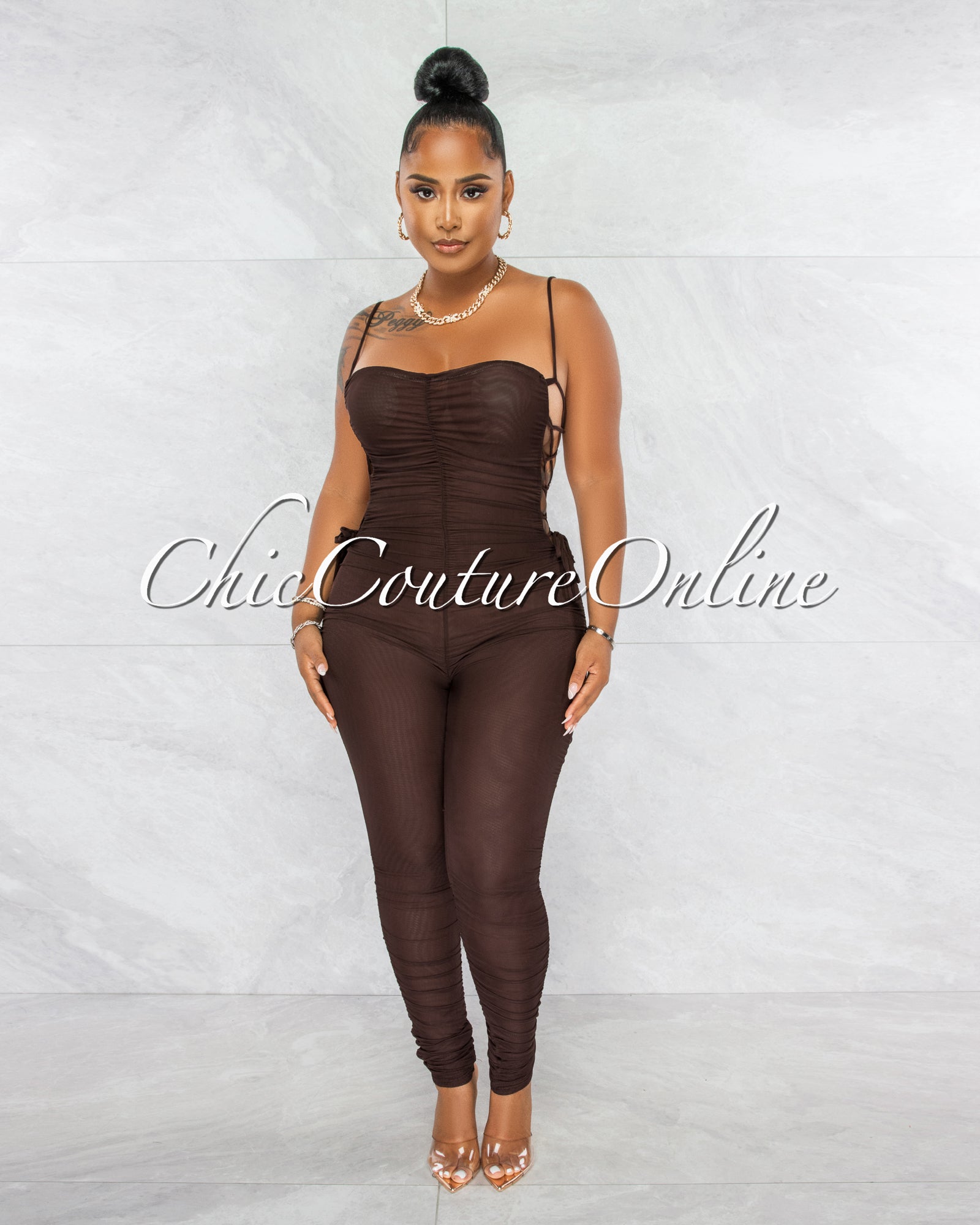 *Mikela Brown Mesh Sheer Ruched Lace-Up Sides Jumpsuit