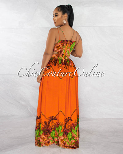 Lamusa Orange Multi-Color Print Cut-Out Maxi Dress