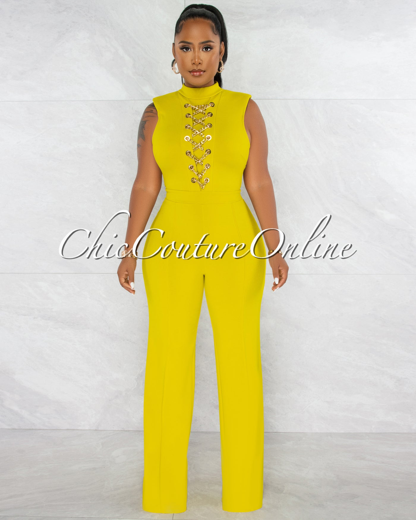Brandy Lime Green Gold Link Lace-Up Jumpsuit