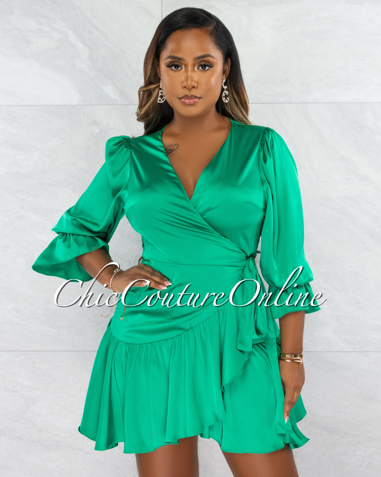 *Montes Kelly Green Wrap Ruffle Hem Dress