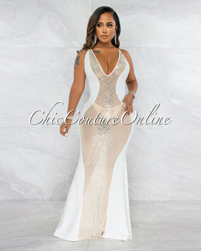 *Bascose Off-White Nude Mesh Rhinestones Maxi Dress