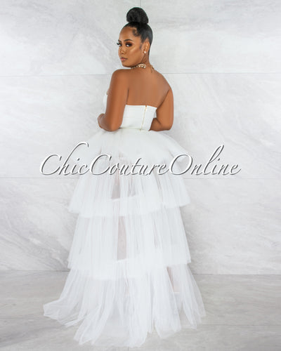 *Dempsey Off-White Padded Cups Tulle Tiered Bodysuit Maxi Dress
