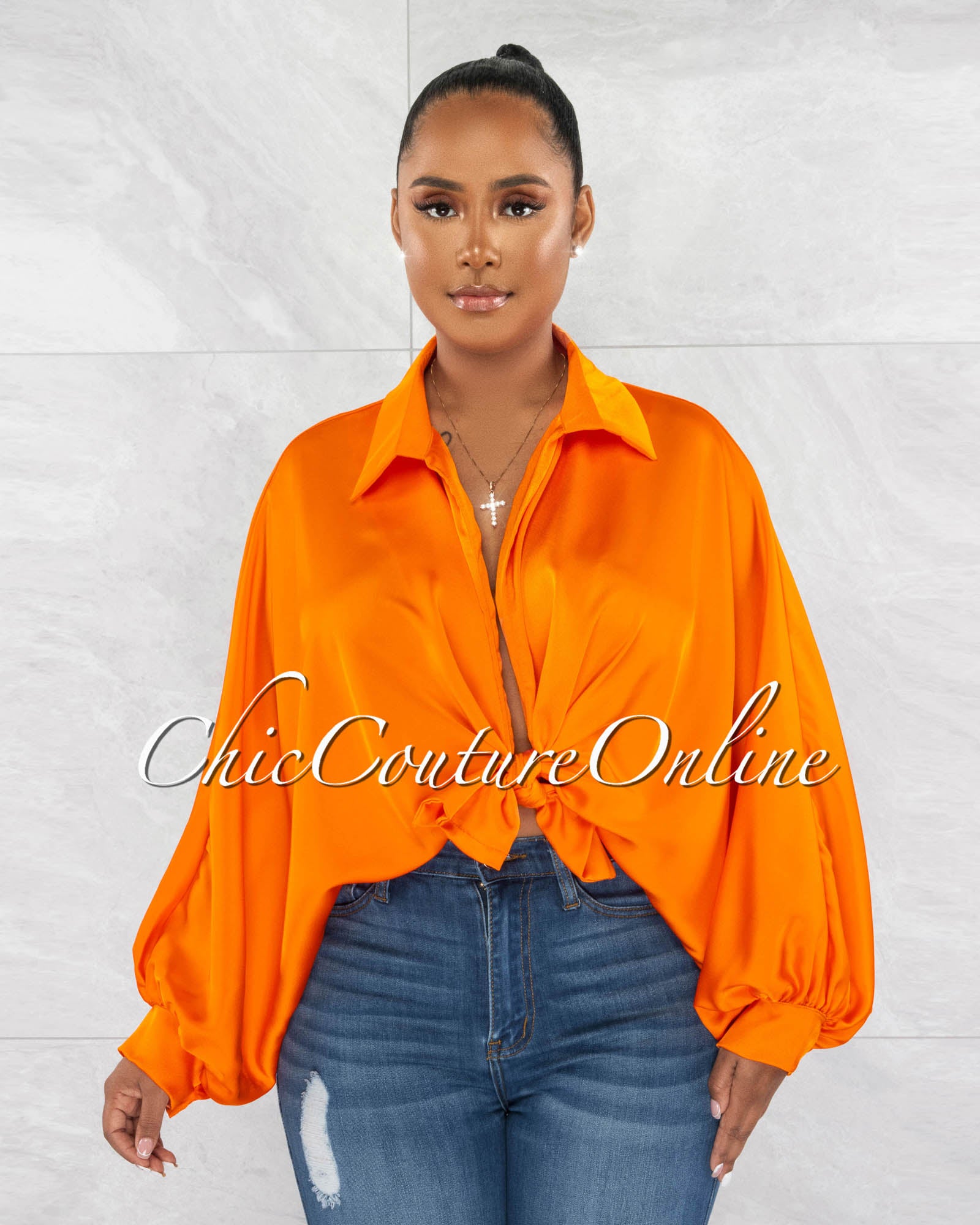 *Pilar Orange Wide Sleeves Silky Blouse