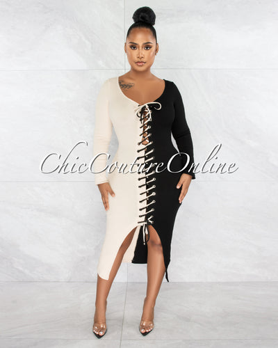 *Adova Black Nude Two Tone Lace-Up Ribbed Dress