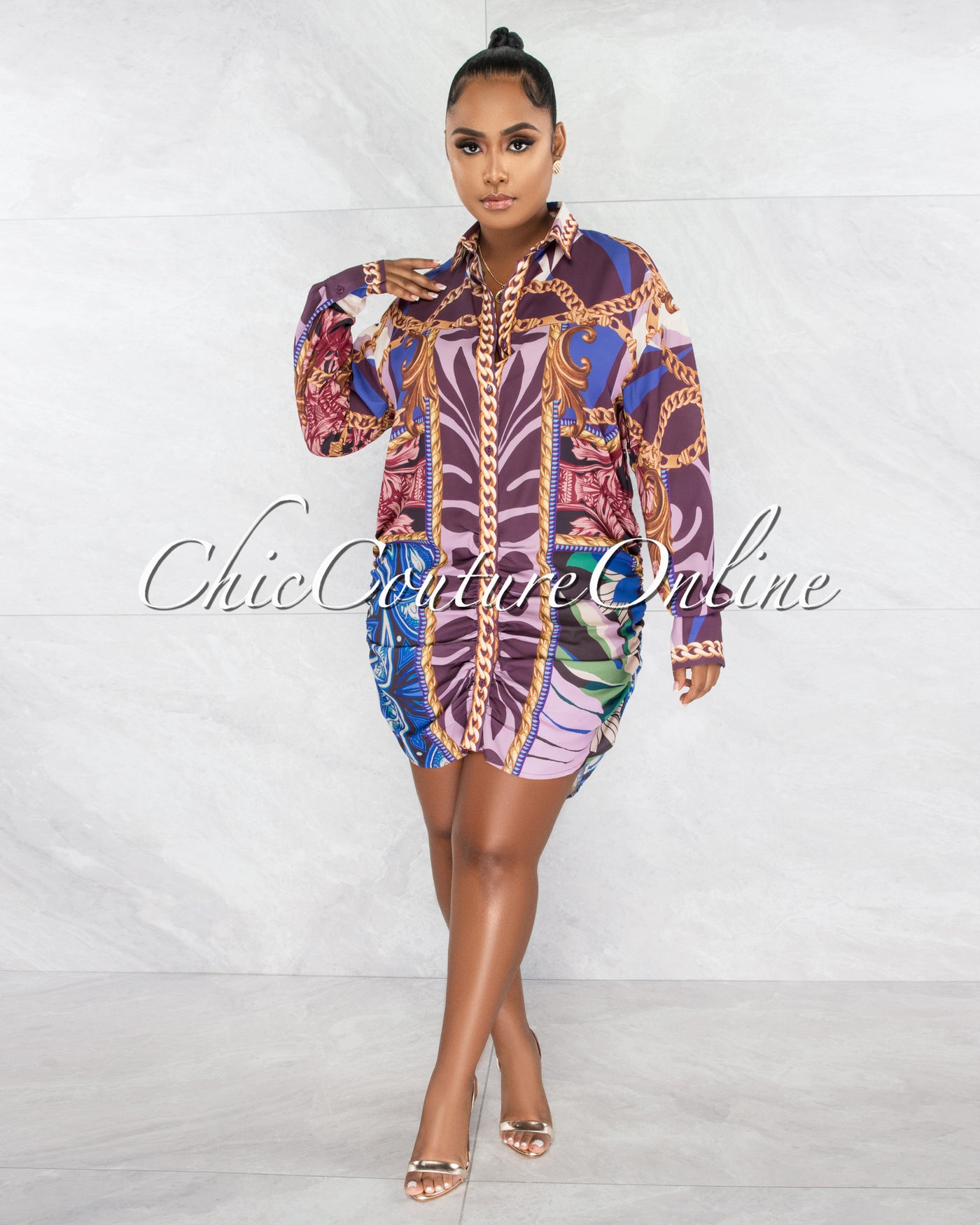 *Ivria Purple Print Draped Shirt Dress