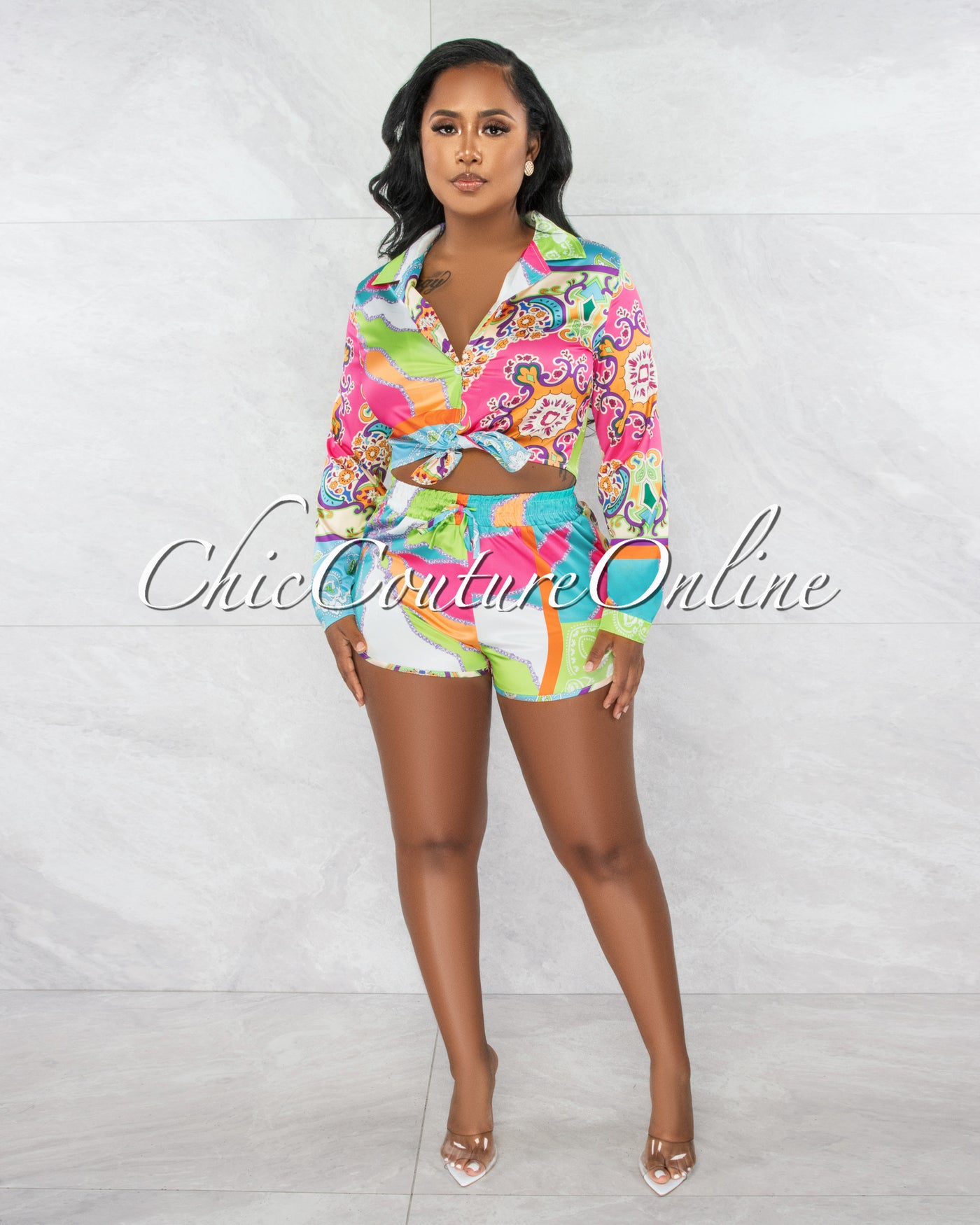 Dwade Multi-Color Print Silky Crop Shirt & Mini Shorts Set